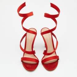 Pre Owned Gianvito Rossi Red Satin Opera Twirl Ankle Wrap Sandals Size 38.5