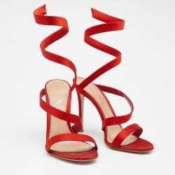 Pre Owned Gianvito Rossi Red Satin Opera Twirl Ankle Wrap Sandals Size 38.5