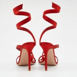Pre Owned Gianvito Rossi Red Satin Opera Twirl Ankle Wrap Sandals Size 38.5