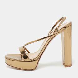 Pre Owned Gianvito Rossi Gold Laminated Leather Asymmetric Platform Sandals Size 39.5