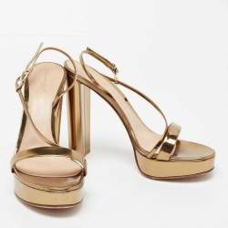 Pre Owned Gianvito Rossi Gold Laminated Leather Asymmetric Platform Sandals Size 39.5
