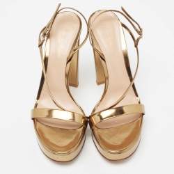 Pre Owned Gianvito Rossi Gold Laminated Leather Asymmetric Platform Sandals Size 39.5