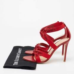 Pre Owned Gianvito Rossi Red Leather and Fabric Crystal Embellished Ankle-Strap Sandals Size 40