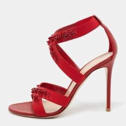 Pre Owned Gianvito Rossi Red Leather and Fabric Crystal Embellished Ankle-Strap Sandals Size 40