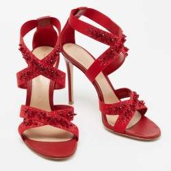 Pre Owned Gianvito Rossi Red Leather and Fabric Crystal Embellished Ankle-Strap Sandals Size 40