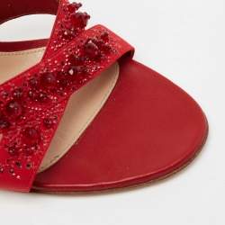 Pre Owned Gianvito Rossi Red Leather and Fabric Crystal Embellished Ankle-Strap Sandals Size 40