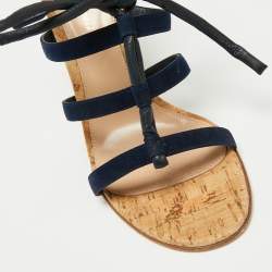 Pre Owned Gianvito Rossi Navy Blue Suede And Leather Cork Heel  Ankle Wrap Sandals Size 40