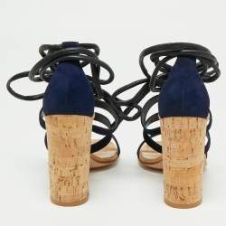 Pre Owned Gianvito Rossi Navy Blue Suede And Leather Cork Heel  Ankle Wrap Sandals Size 40