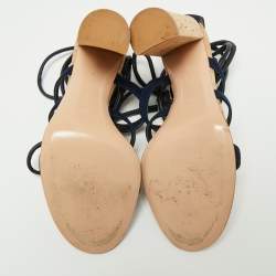 Pre Owned Gianvito Rossi Navy Blue Suede And Leather Cork Heel  Ankle Wrap Sandals Size 40