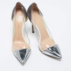 Pre Owned Gianvito Rossi Dark Grey Patent Leather And PVC Plexi Pointed Toe Pumps Size 38