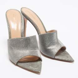 Pre Owned Gianvito Rossi Metallic Grey Textured Fabric Alise Mules Size 38