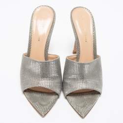 Pre Owned Gianvito Rossi Metallic Grey Textured Fabric Alise Mules Size 38