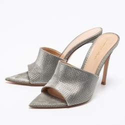 Pre Owned Gianvito Rossi Metallic Grey Textured Fabric Alise Mules Size 38
