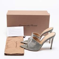 Pre Owned Gianvito Rossi Metallic Grey Textured Fabric Alise Mules Size 38
