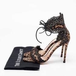 Pre Owned Gianvito Rossi Black/Brown Lace and Leopard Print Satin Ankle-Tie Sandals Size 36