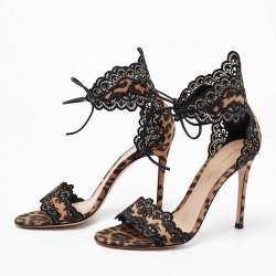 Pre Owned Gianvito Rossi Black/Brown Lace and Leopard Print Satin Ankle-Tie Sandals Size 36