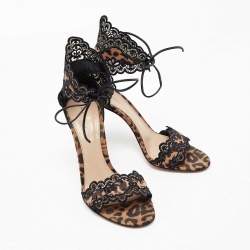Pre Owned Gianvito Rossi Black/Brown Lace and Leopard Print Satin Ankle-Tie Sandals Size 36