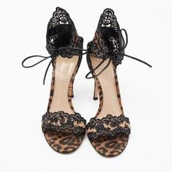 Pre Owned Gianvito Rossi Black/Brown Lace and Leopard Print Satin Ankle-Tie Sandals Size 36