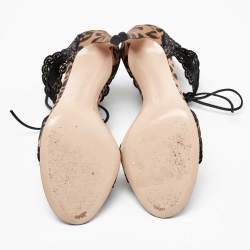 Pre Owned Gianvito Rossi Black/Brown Lace and Leopard Print Satin Ankle-Tie Sandals Size 36