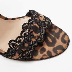 Pre Owned Gianvito Rossi Black/Brown Lace and Leopard Print Satin Ankle-Tie Sandals Size 36