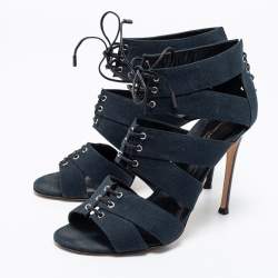 Gianvito Rossi Blue Canvas Lace Up Roxy Caged Sandals Size 39.5