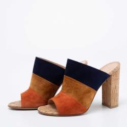 Pre Owned Gianvito Rossi Multicolor Suede Cork Block Heel Mules Size 38