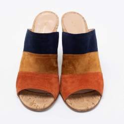 Pre Owned Gianvito Rossi Multicolor Suede Cork Block Heel Mules Size 38
