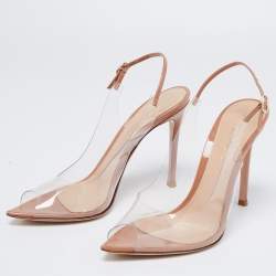 Pre Owned Gianvito Rossi Brown Leather and PVC Peep Toe Slingback Sandals Size 37.5