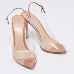 Pre Owned Gianvito Rossi Brown Leather and PVC Peep Toe Slingback Sandals Size 37.5