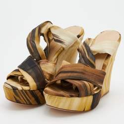 Pre Owned Gianvito Rossi Multicolor Fabric Strappy Ankle Wrap Platform Wedge Sandals Size 38