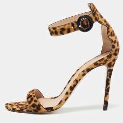 Pre Owned Gianvito Rossi Beige/Brown Leopard Print Calf Hair Portofino Ankle-Strap Sandals Size 41