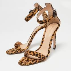 Pre Owned Gianvito Rossi Beige/Brown Leopard Print Calf Hair Portofino Ankle-Strap Sandals Size 41