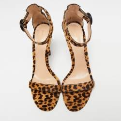Pre Owned Gianvito Rossi Beige/Brown Leopard Print Calf Hair Portofino Ankle-Strap Sandals Size 41