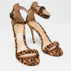 Pre Owned Gianvito Rossi Beige/Brown Leopard Print Calf Hair Portofino Ankle-Strap Sandals Size 41