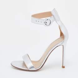 Pre Owned Gianvito Rossi Metallic Silver Leather Portofino Ankle Strap Sandals Size 36