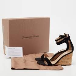 Pre Owned Gianvito Rossi Black Suede Cork Wedge Platform Ankle-Strap Sandals Size 37.5 