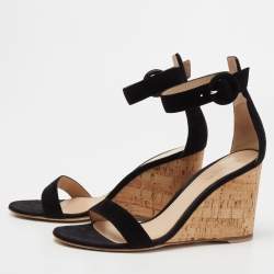 Pre Owned Gianvito Rossi Black Suede Cork Wedge Platform Ankle-Strap Sandals Size 37.5 