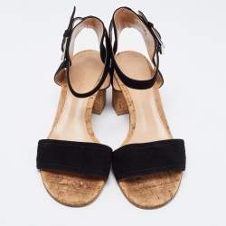 Pre Owned Gianvito Rossi Black Suede Ankle Strap Cork Heel Sandals Size 38