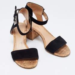 Pre Owned Gianvito Rossi Black Suede Ankle Strap Cork Heel Sandals Size 38