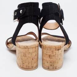 Pre Owned Gianvito Rossi Black Suede Ankle Strap Cork Heel Sandals Size 38