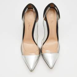 Pre Owned Gianvito Rossi Black/Silver Leather, Suede and PVC Plexi Pointed Toe Pumps Size 38.5