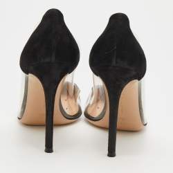 Pre Owned Gianvito Rossi Black/Silver Leather, Suede and PVC Plexi Pointed Toe Pumps Size 38.5