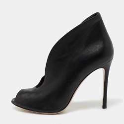 Pre Owned Gianvito Rossi Black Leather V-Neck Peep-Toe Ankle Booties Size 38.5