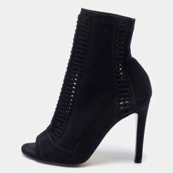 Pre Owned Gianvito Rossi Black Knit Fabric Open Toe Booties Size 37