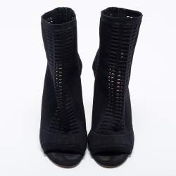 Pre Owned Gianvito Rossi Black Knit Fabric Open Toe Booties Size 37