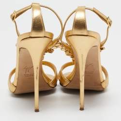 Pre Owned Gianvito Rossi Gold Leather Embellished Ankle Strap Sandals Size 40