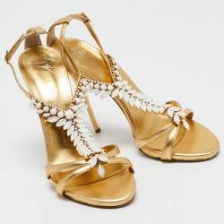 Pre Owned Gianvito Rossi Gold Leather Embellished Ankle Strap Sandals Size 40