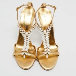 Pre Owned Gianvito Rossi Gold Leather Embellished Ankle Strap Sandals Size 40