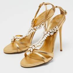Pre Owned Gianvito Rossi Gold Leather Embellished Ankle Strap Sandals Size 40