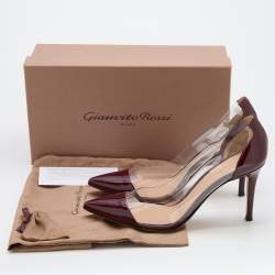 Pre Owned Gianvito Rossi Burgundy/Transparent Patent Leather and PVC Plexi Pointed Toe Pumps Size 37.5